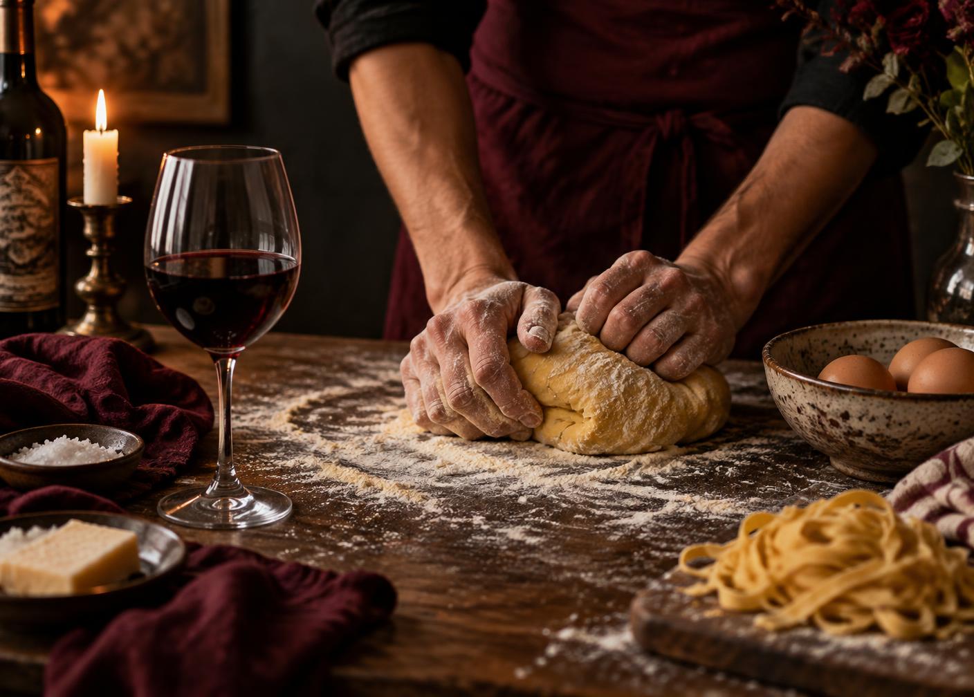 Hands kneading golden pasta dough beside a glass of red wine