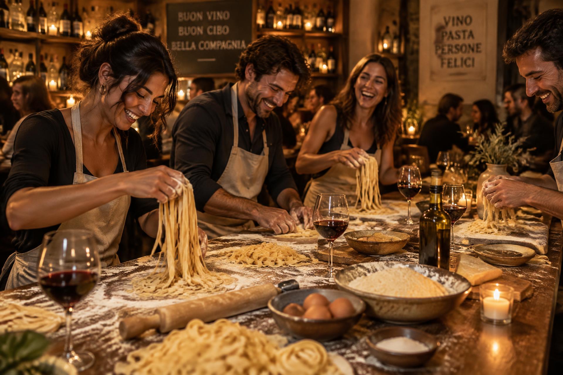 Guests making fresh pasta together at a communal table in a candlelit wine bar