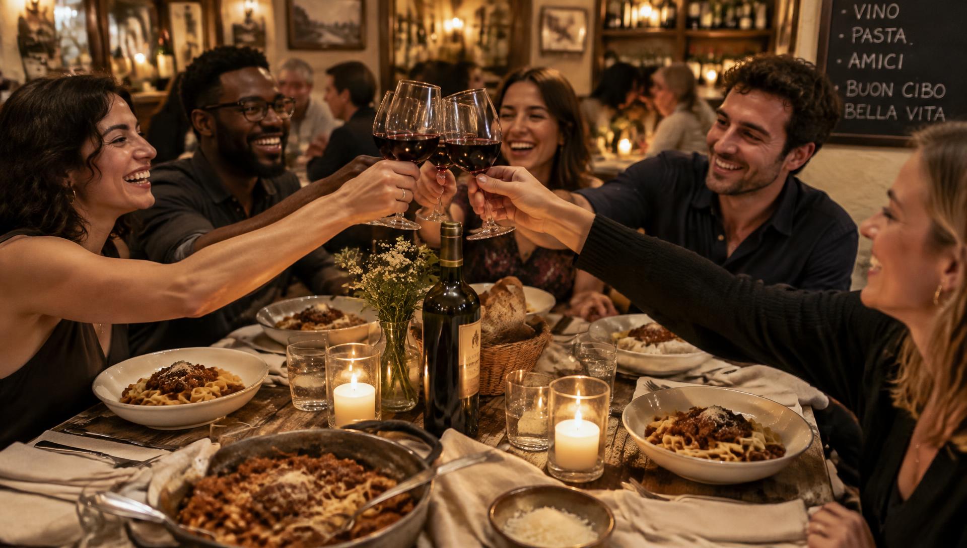 Guests raising wine glasses over a table of fresh pasta