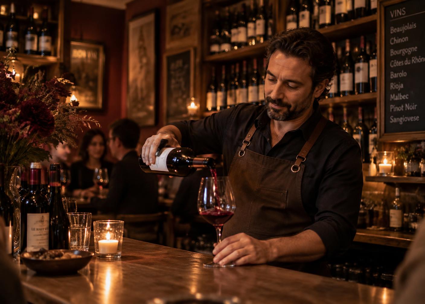 Wine being poured at a warm neighborhood wine bar counter